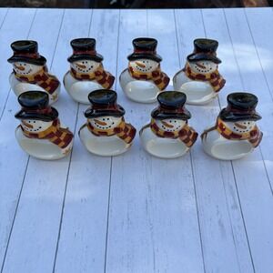 Vtg Set Of 8 Ceramic Snowman Napkin Rings W/Top Hats & Scarves Holiday Christmas